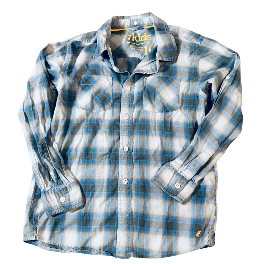 American Eagle 77 Kids‎ Size 10 100% Cotton Blue Flannel Button Up Shirt Plaid